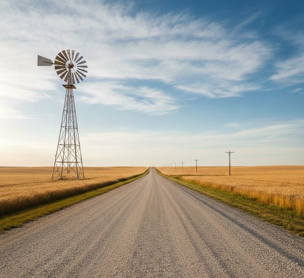 A windmill beside a Nebraska prairie road